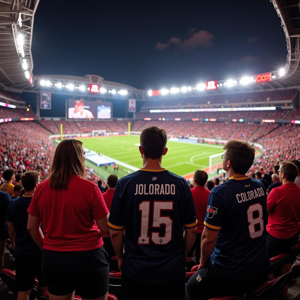 A Colorado football fan excitedly cheers for the team while wearing an authentic jersey at a packed Folsom Field.