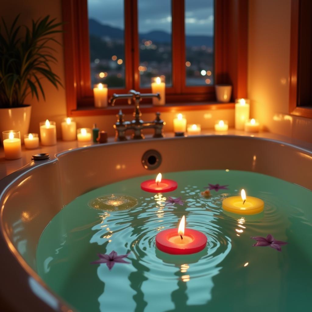 Relaxing Bath with Colorful Floating Candles