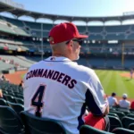 Washington Commanders fan wearing a custom jersey at a baseball game