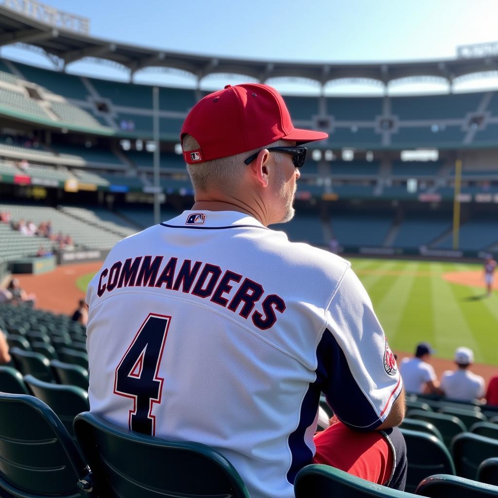 Washington Commanders fan wearing a custom jersey at a baseball game