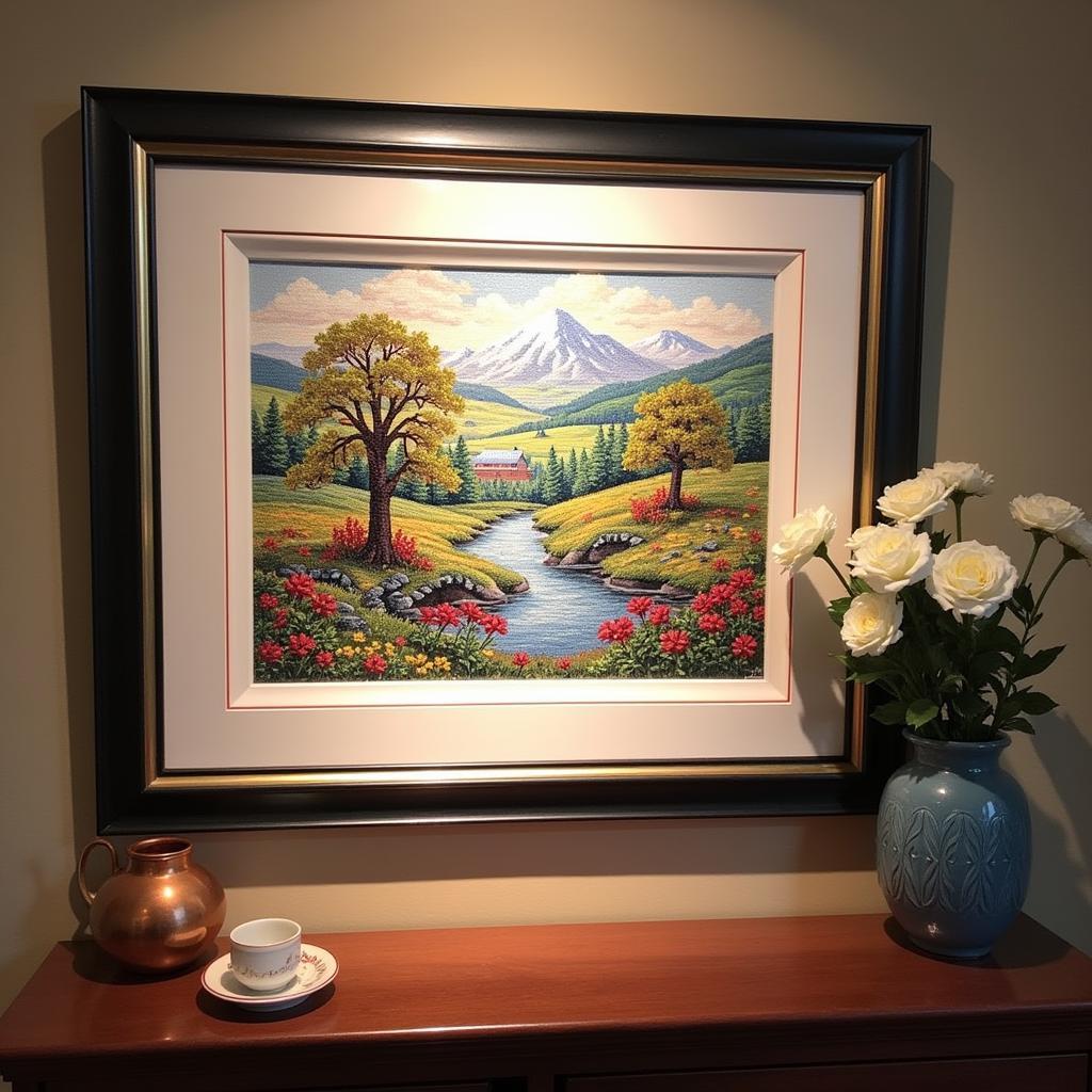 A beautifully framed completed Dimensions cross stitch project displayed on a wall