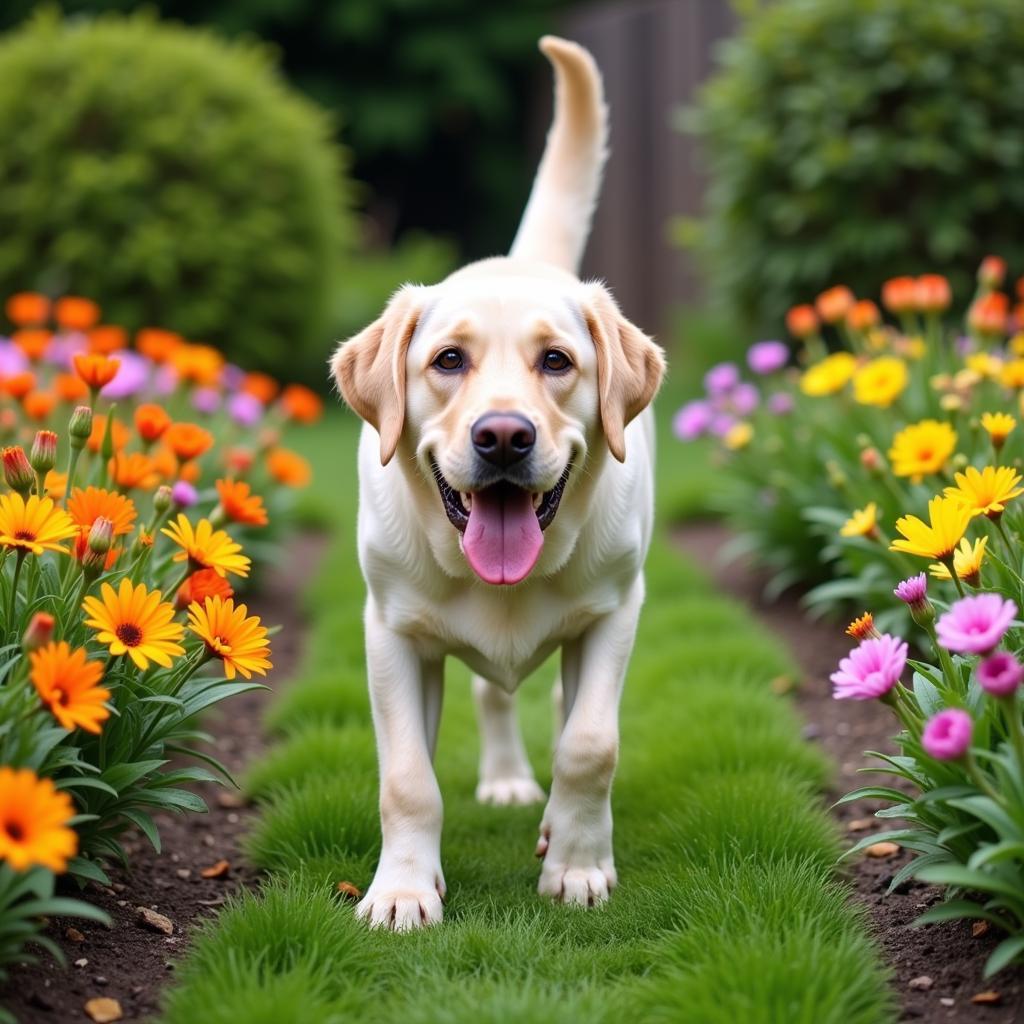 A confident dog exploring the garden