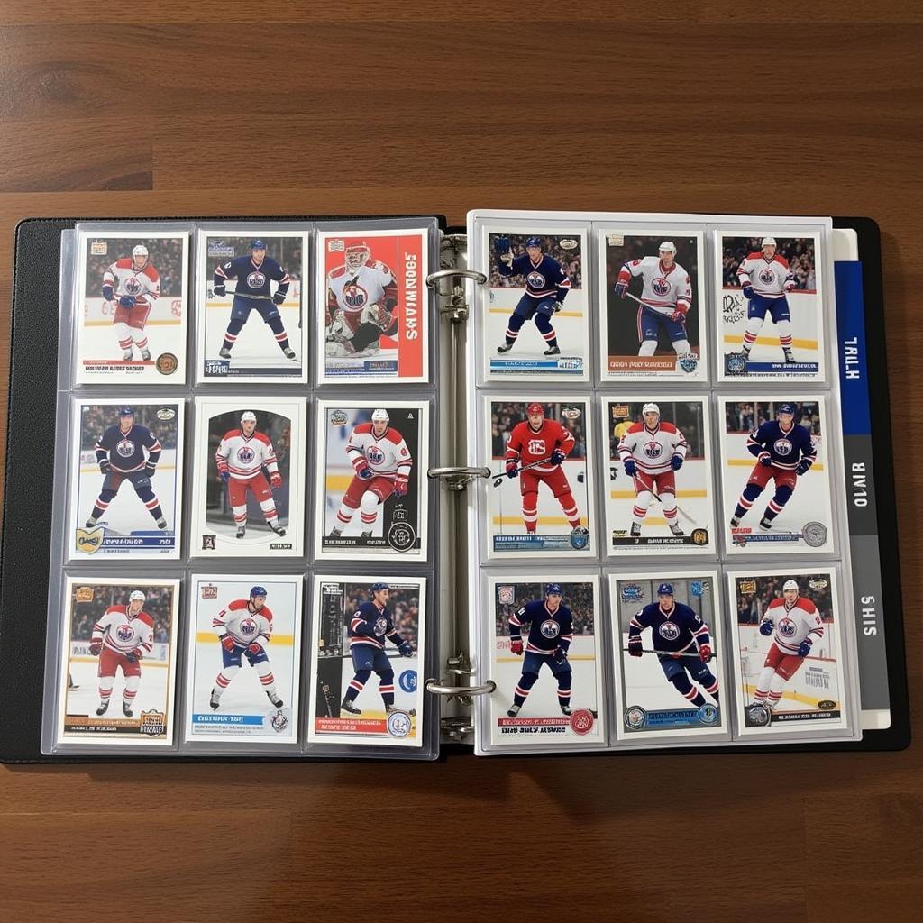 Various Connor McDavid hockey cards in a binder