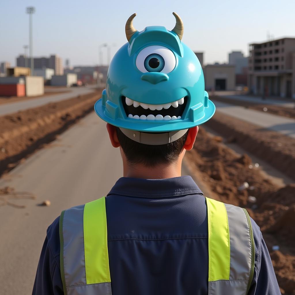 Construction Worker Sporting a Monsters Inc Construction Hat