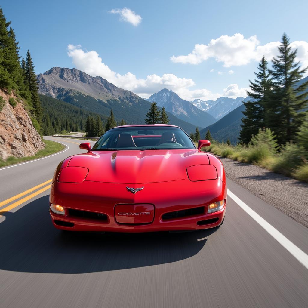 A Corvette speeding down an open road.