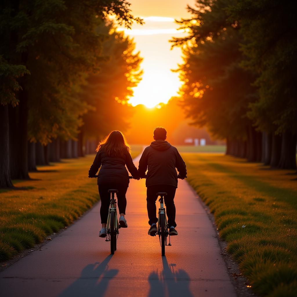 Couple enjoying a sunset bike ride along a scenic path