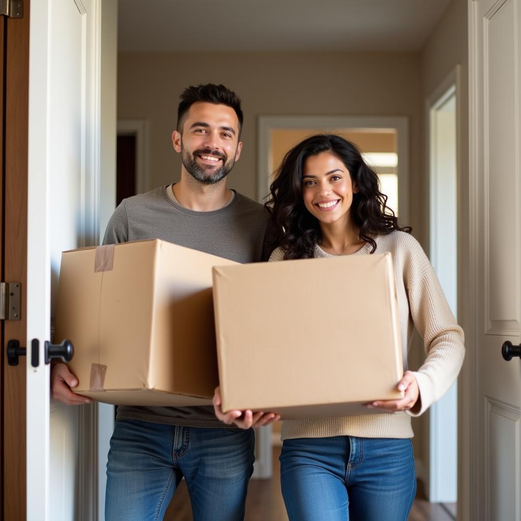 Happy couple moving into their new apartment, excited about starting a new chapter.