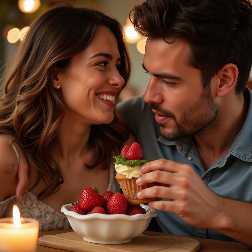  A couple sharing dessert and smiling on a date