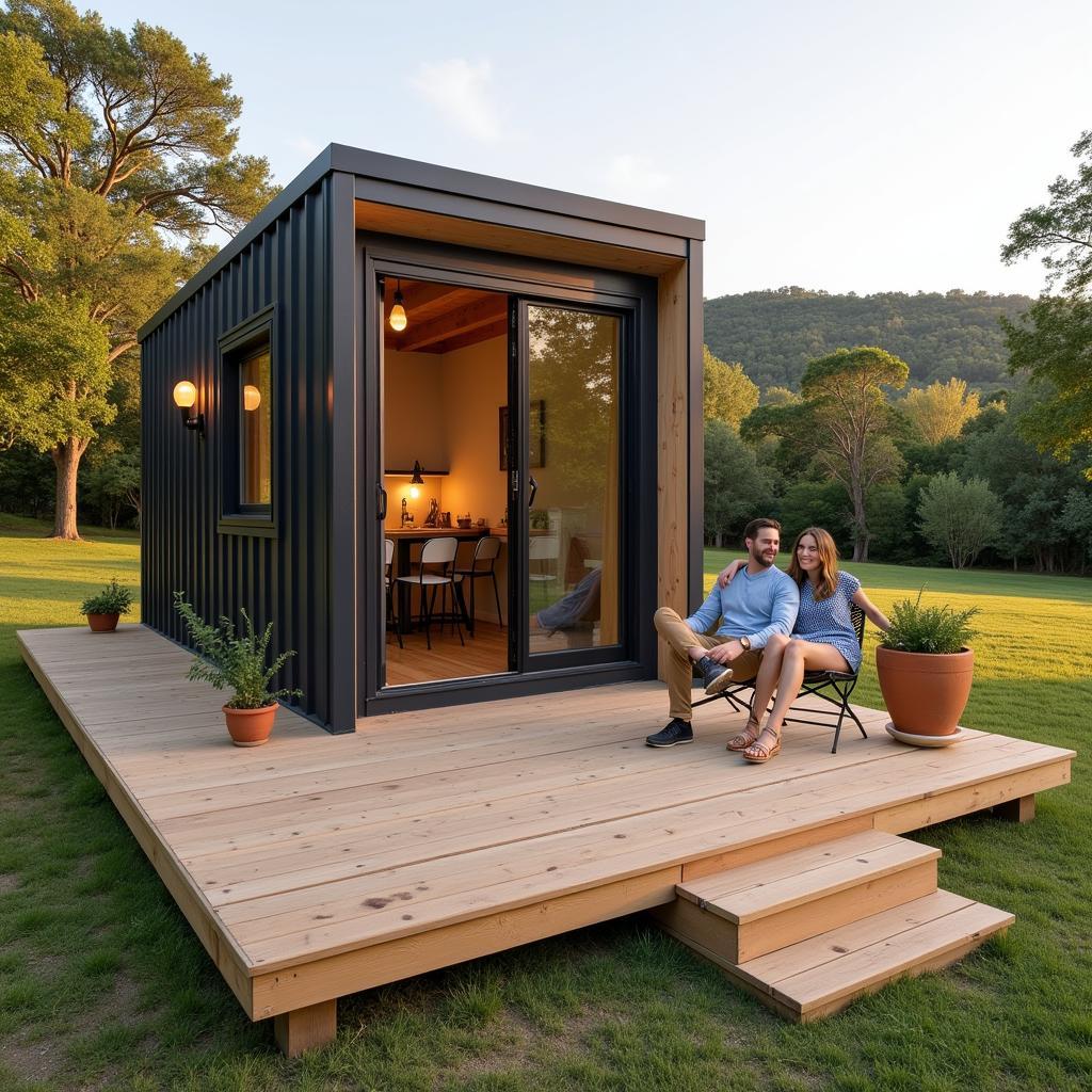 Couple enjoying the outdoor space of their go box home