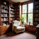 A cozy book nook with a plush armchair and overflowing bookshelves