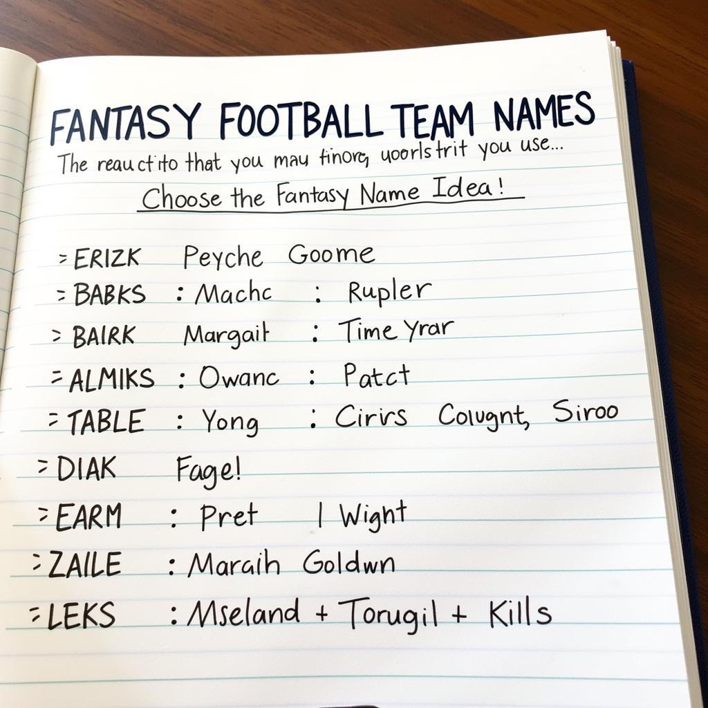 Notepad with fantasy football team name ideas