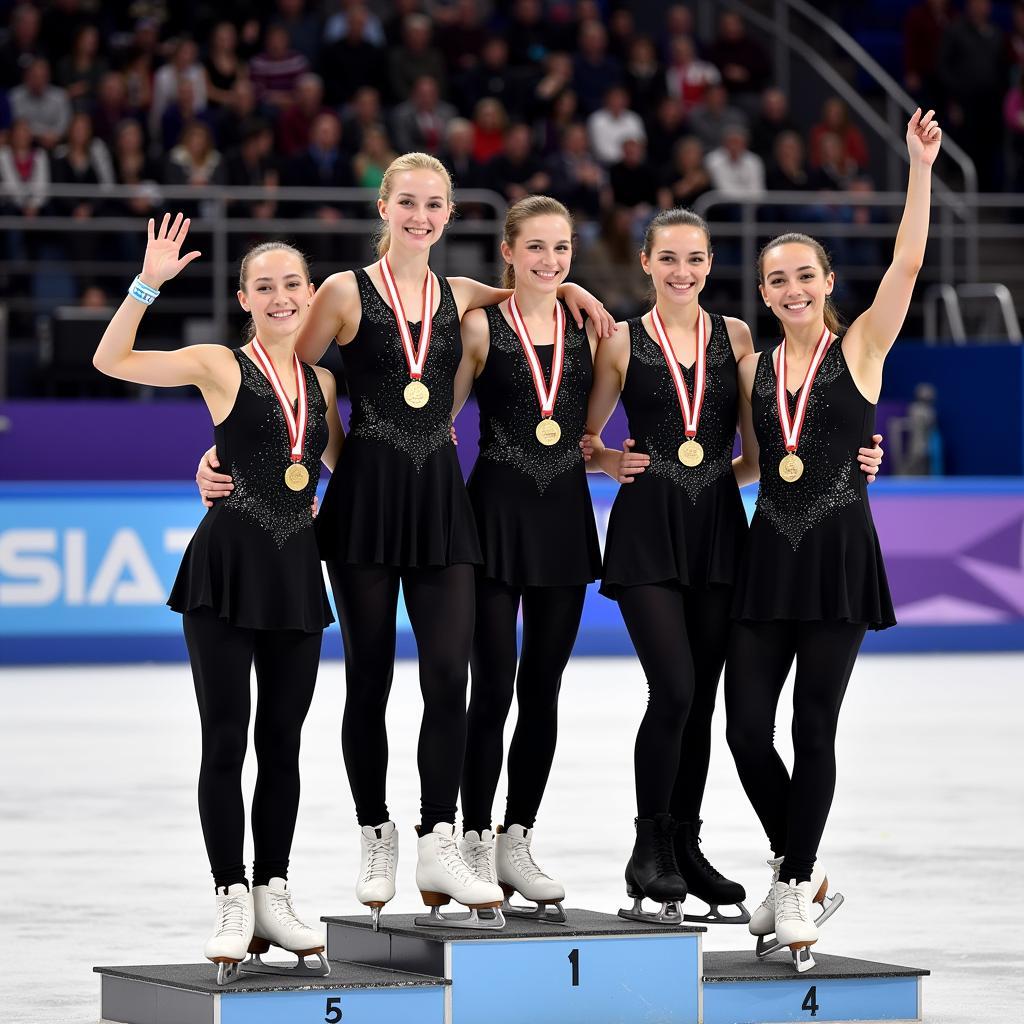 Group of figure skaters celebrating victory on the podium