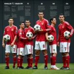 Cristiano Ronaldo with different types of soccer balls throughout his career.