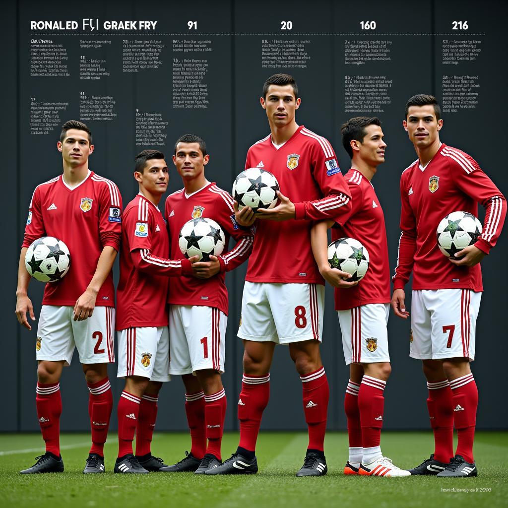 Cristiano Ronaldo with different types of soccer balls throughout his career.