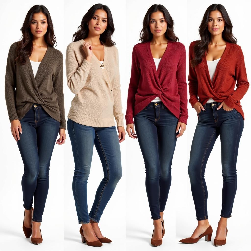 Women with different body types wearing cross-wrap sweaters.