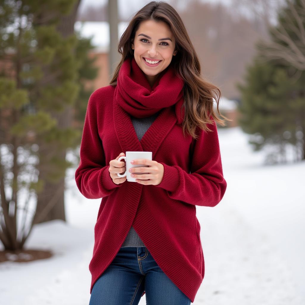 A woman wearing a red cross-wrap sweater with a scarf and jeans, enjoying a warm beverage in a winter setting.