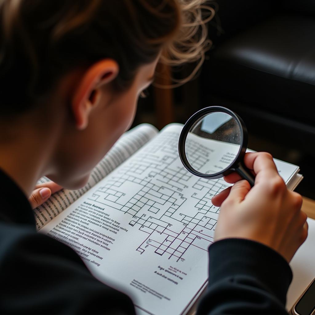 A person working on a crossword puzzle with a magnifying glass