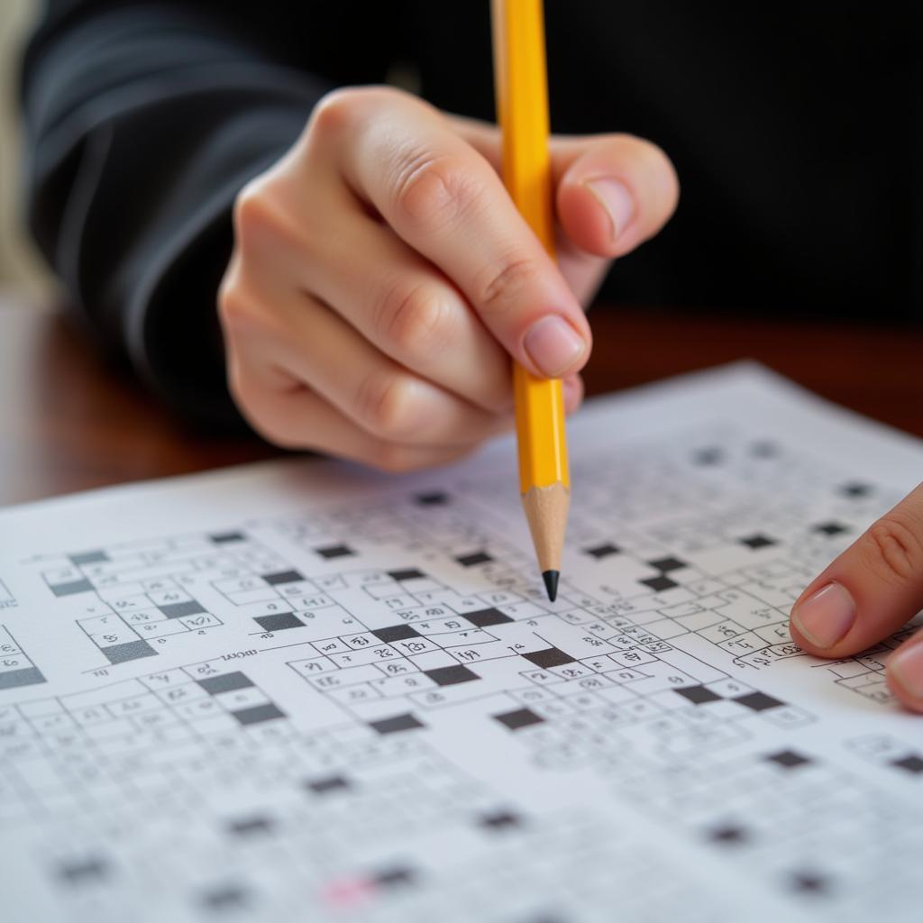 Person solving crossword puzzle with pencil