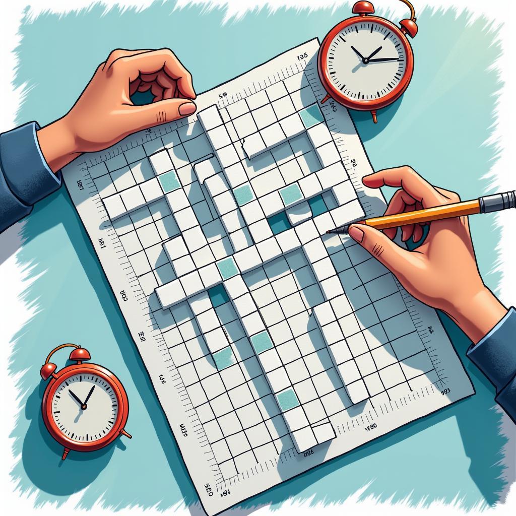 A close-up image of a person working on a crossword puzzle with a pencil.