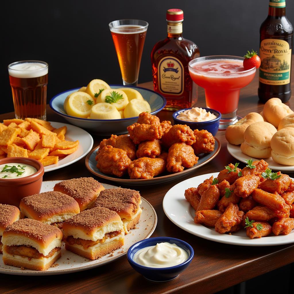 A table laden with delicious game-day food and a variety of Crown Royal cocktails