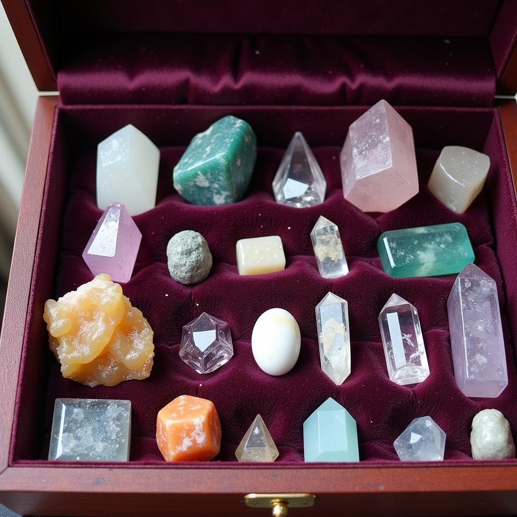 A collection of rare crystals beautifully arranged in a storage box