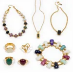 A diverse collection of crystal jewelry showcasing different styles and stones.