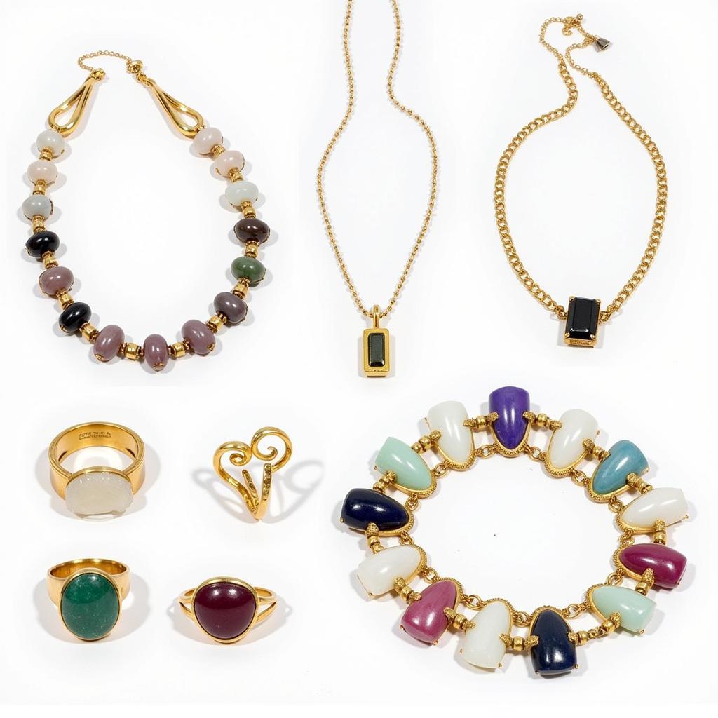 A diverse collection of crystal jewelry showcasing different styles and stones.