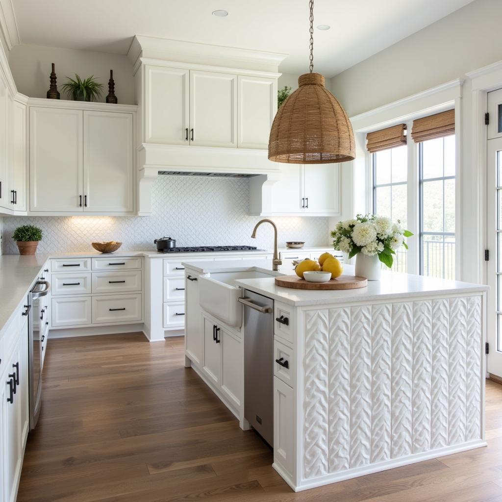 Kitchen island adorned with curved wall tiles