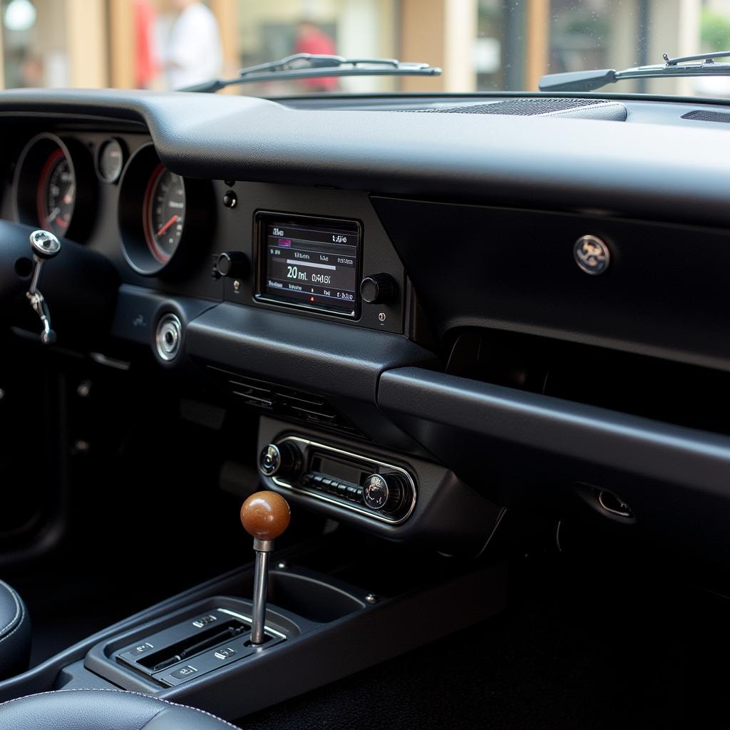 Custom console seamlessly integrated into a classic car interior