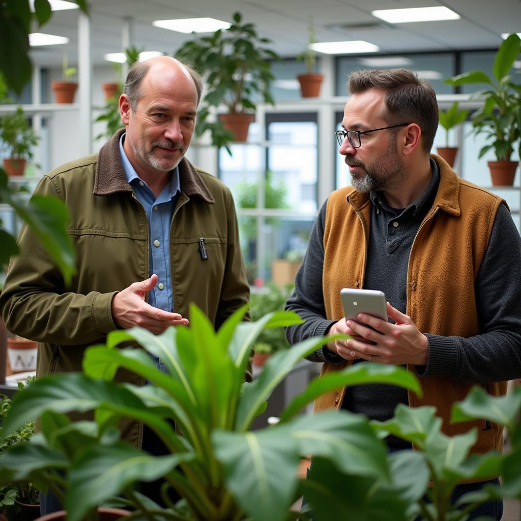 A customer receiving personalized plant care advice from a friendly expert in a plant shop.