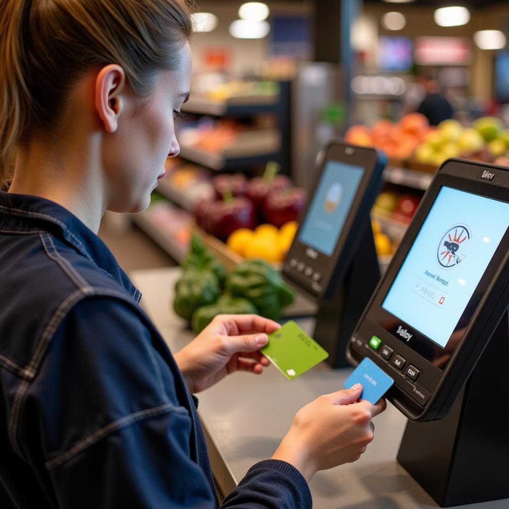 Customer Using the Payment Terminal at a Glory Self-Checkout Kiosk