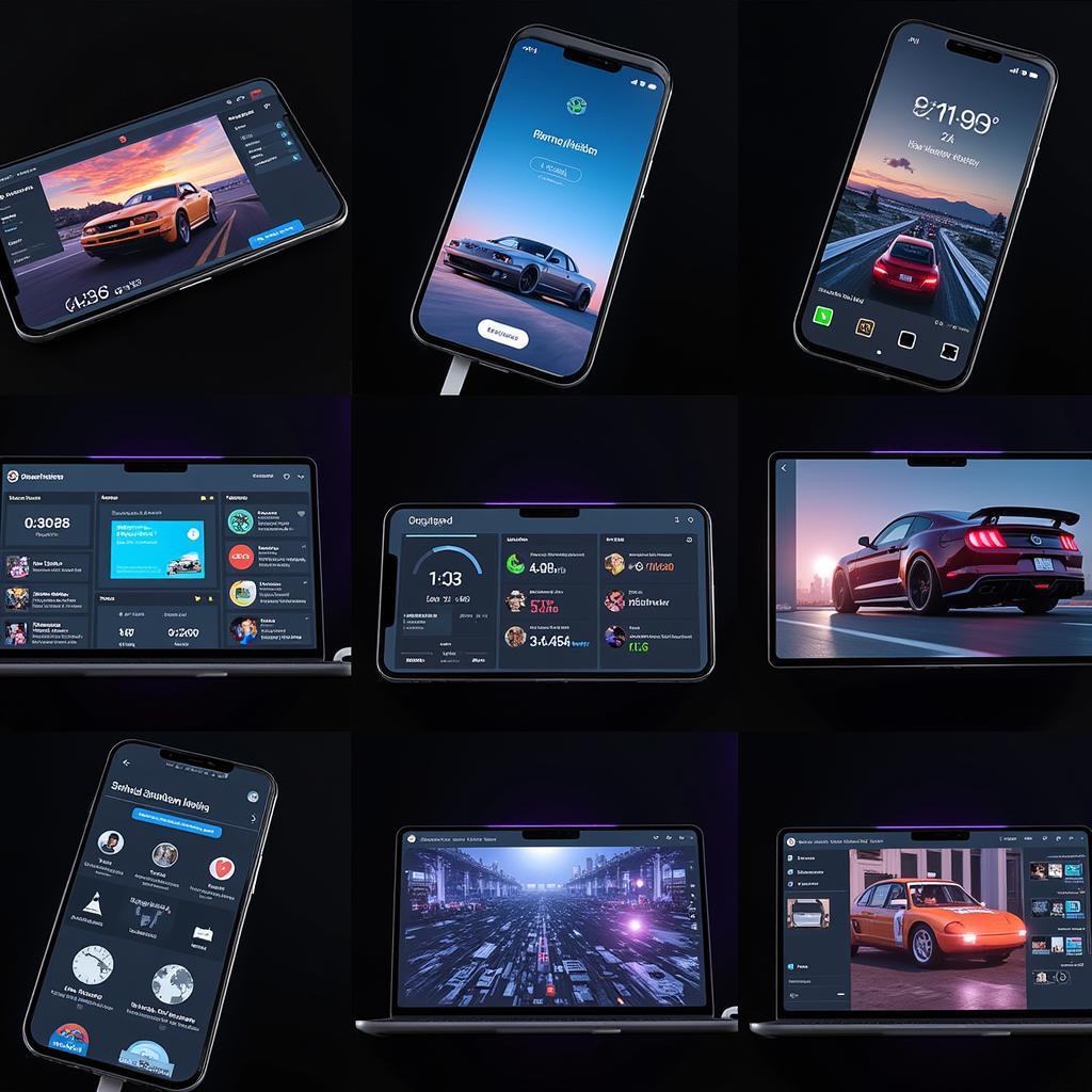 Various Simhub overlay designs displayed on different devices