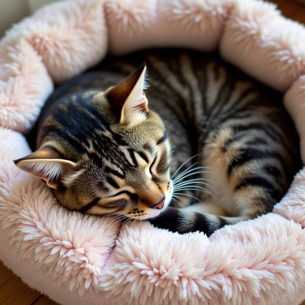 A tabby cat sleeping soundly in a fluffy donut bed.