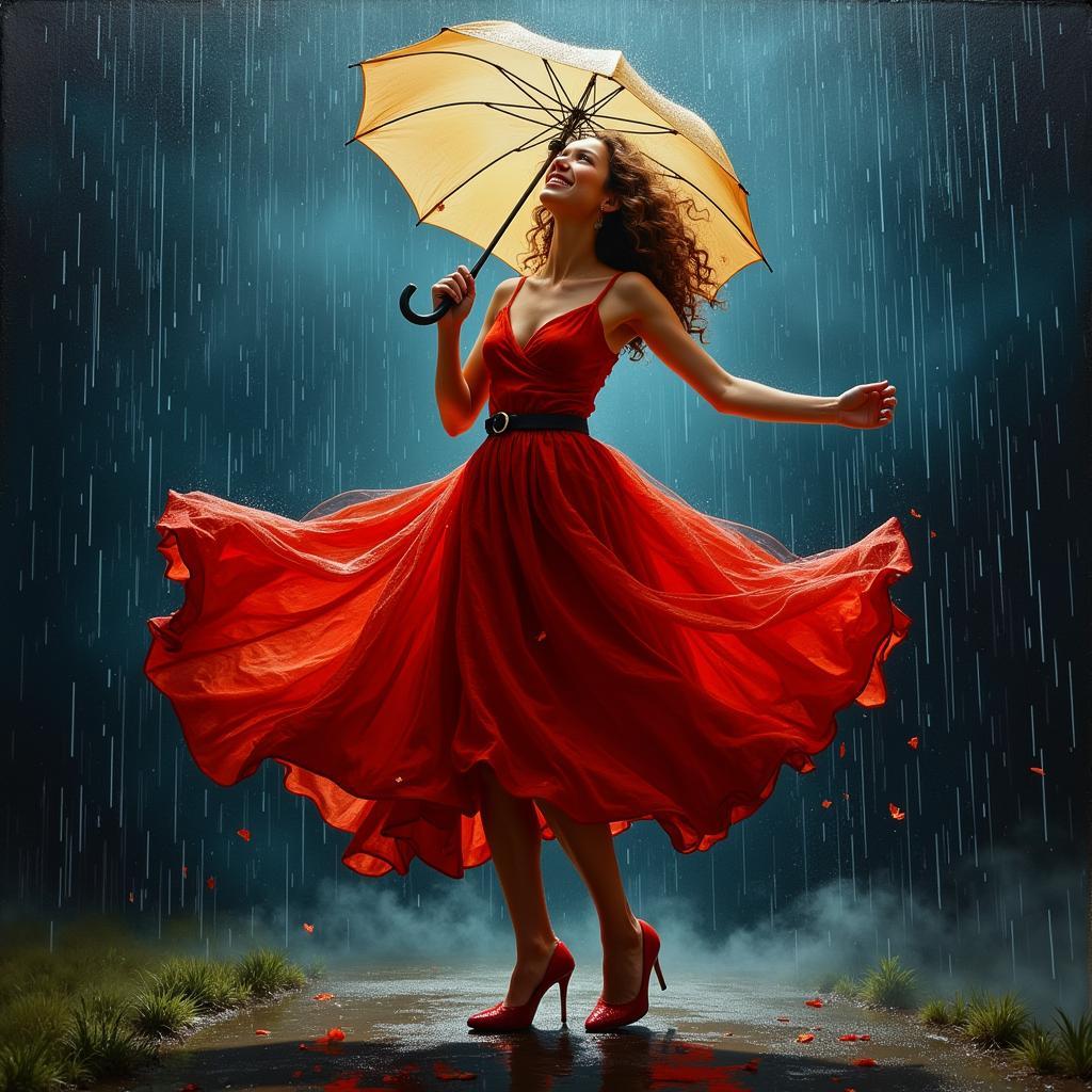 Woman with Umbrella Dancing in the Rain