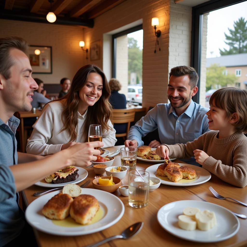 A family smiles, using a gift card to pay for their meal