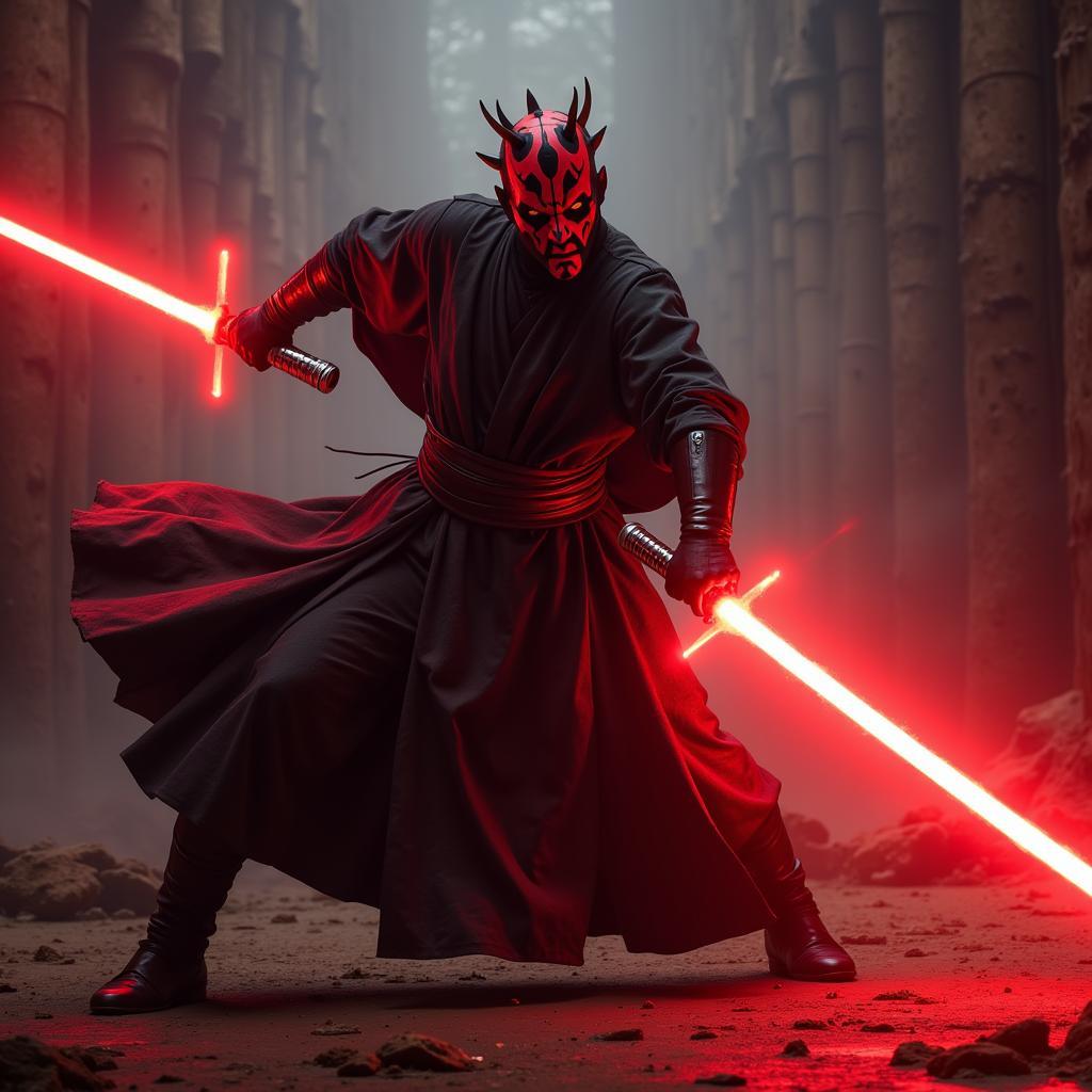 Darth Maul Wielding His Double-Bladed Lightsaber in Action