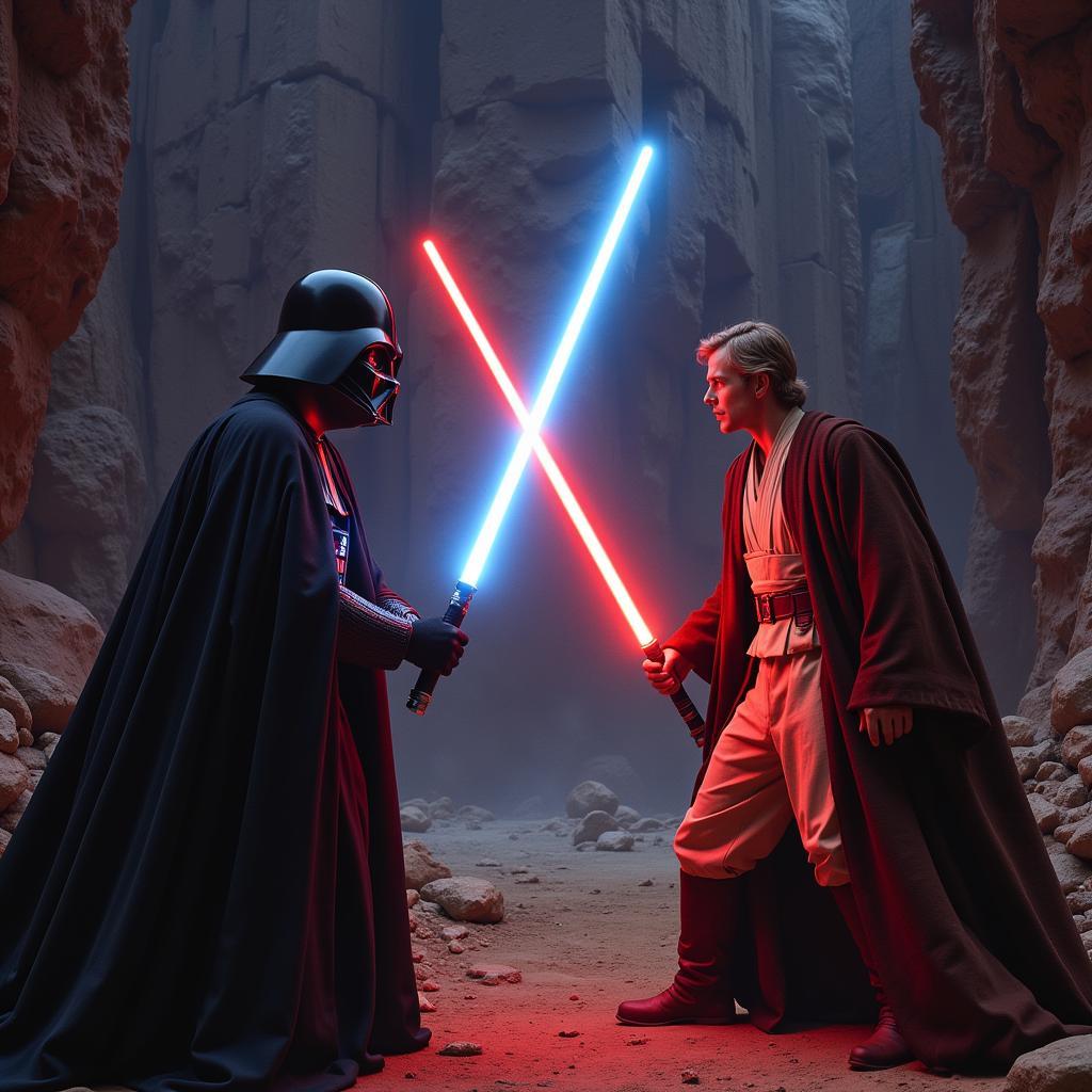 Darth Vader and Obi-Wan Kenobi engage in a fateful lightsaber duel aboard the Death Star.