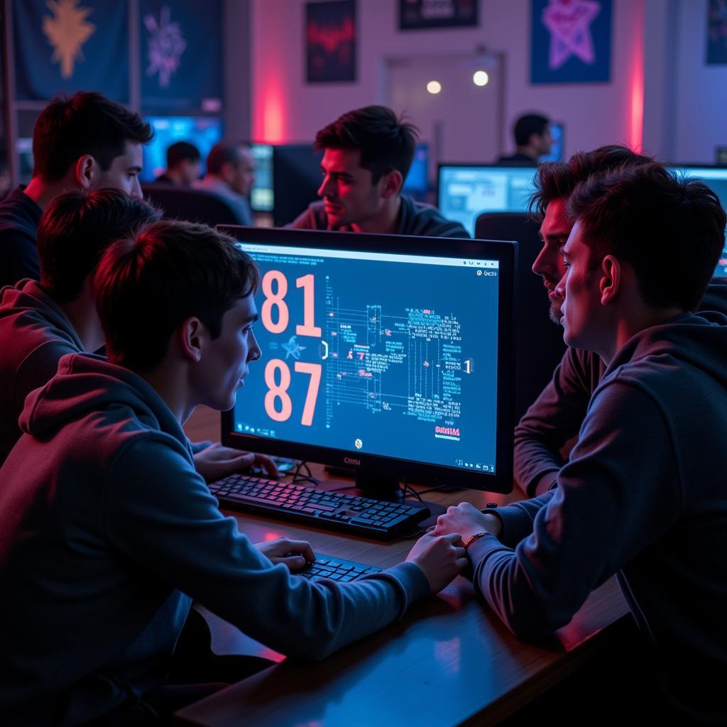 Gamers working together to solve a puzzle related to the number sequence 81 87