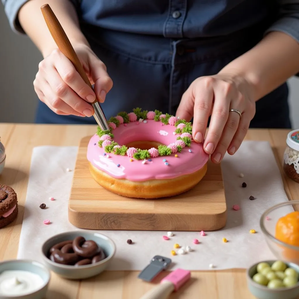 A person decorating donuts with colorful frosting and sprinkles for a Christmas wreath.