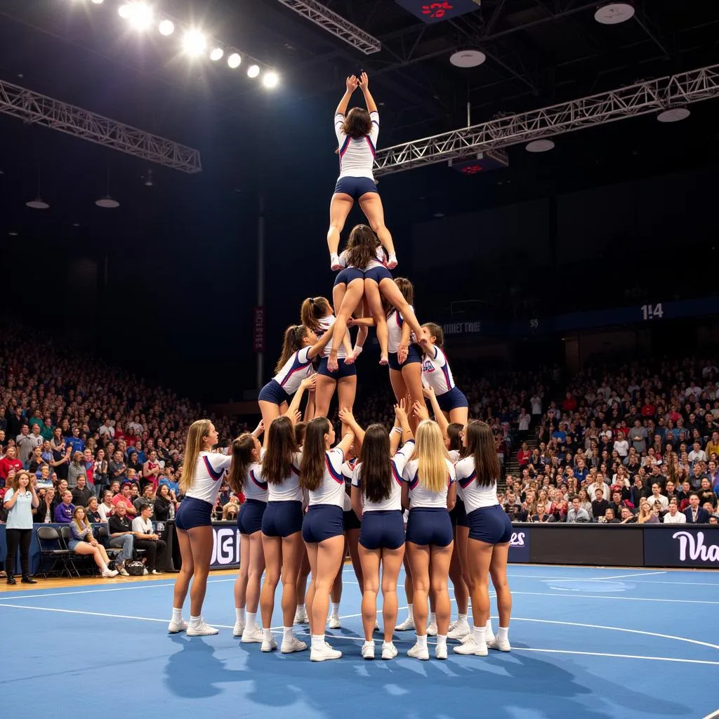 Cheerleaders performing a pyramid stunt during a competition in the Deep South.