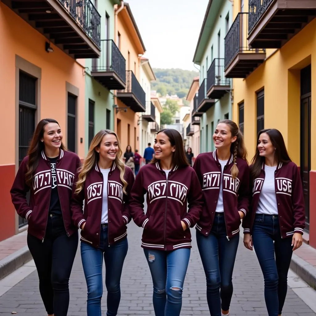 Cheerleaders exploring the historic streets of a Southern city during their tour.