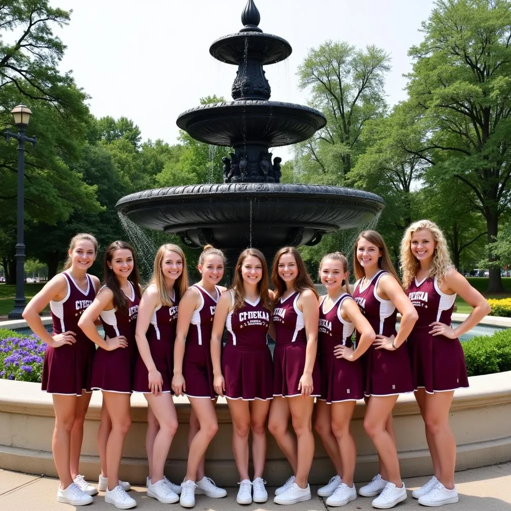 Cheerleading team posing for a photo in front of a famous landmark in the Deep South.