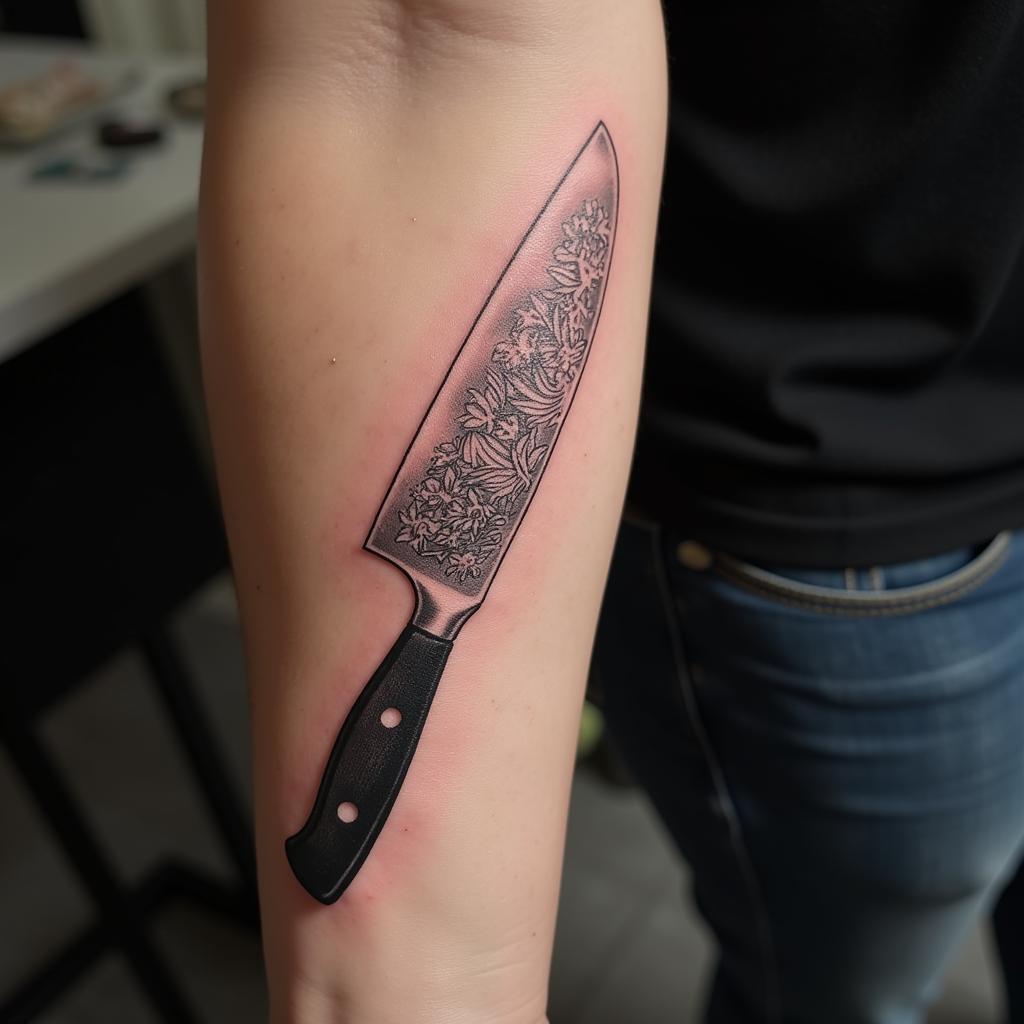 chef's knife tattoo with intricate details