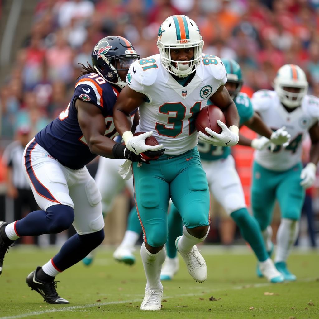 De'Von Achane carrying the football for the Miami Dolphins