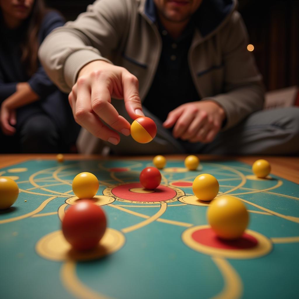  Players Engaging in a Dexterity-Based Board Ball Game 