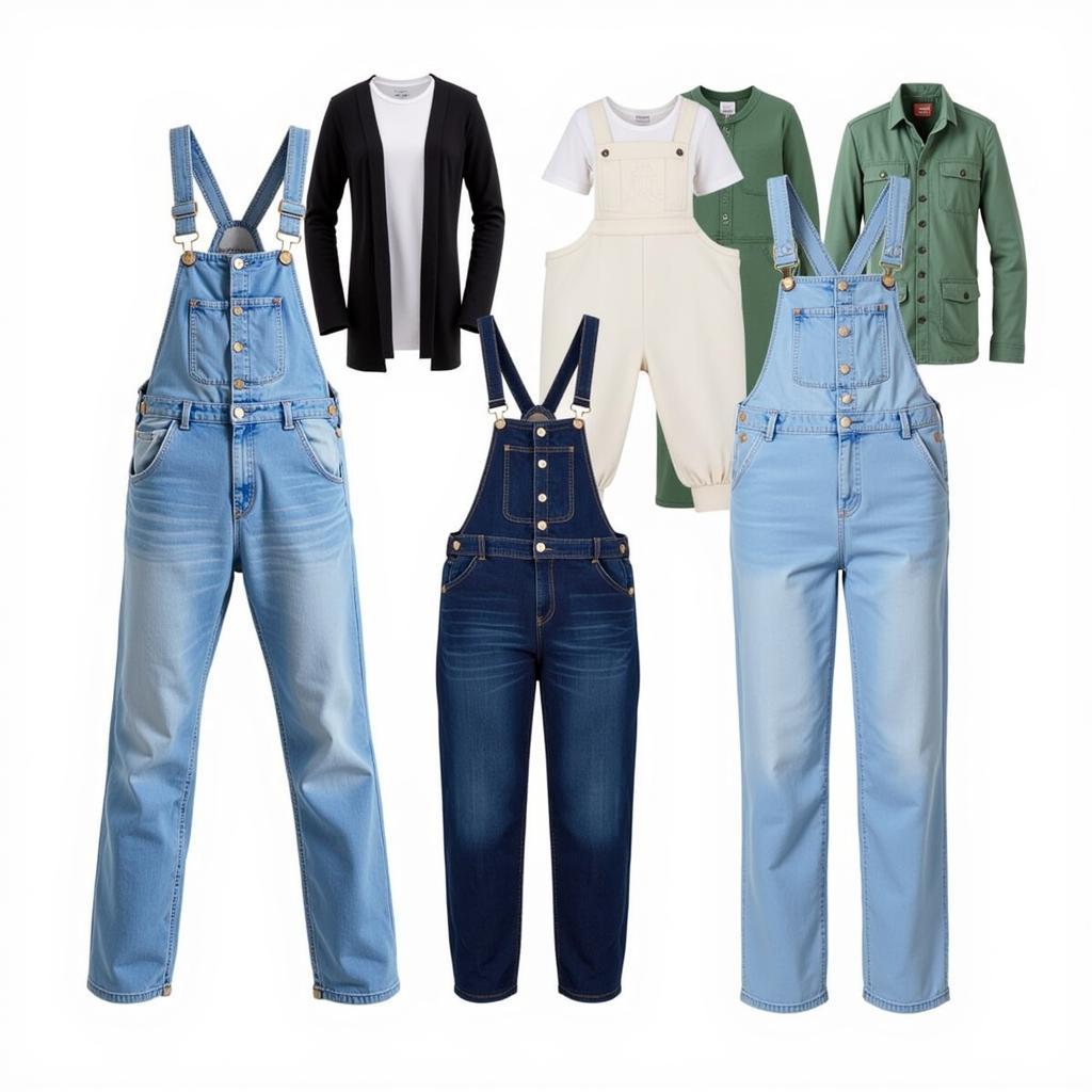 Different overall styles and colors, including denim, corduroy, and various colors beyond Carolina blue.