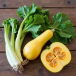 Various edible parts of a squash plant laid out on a table