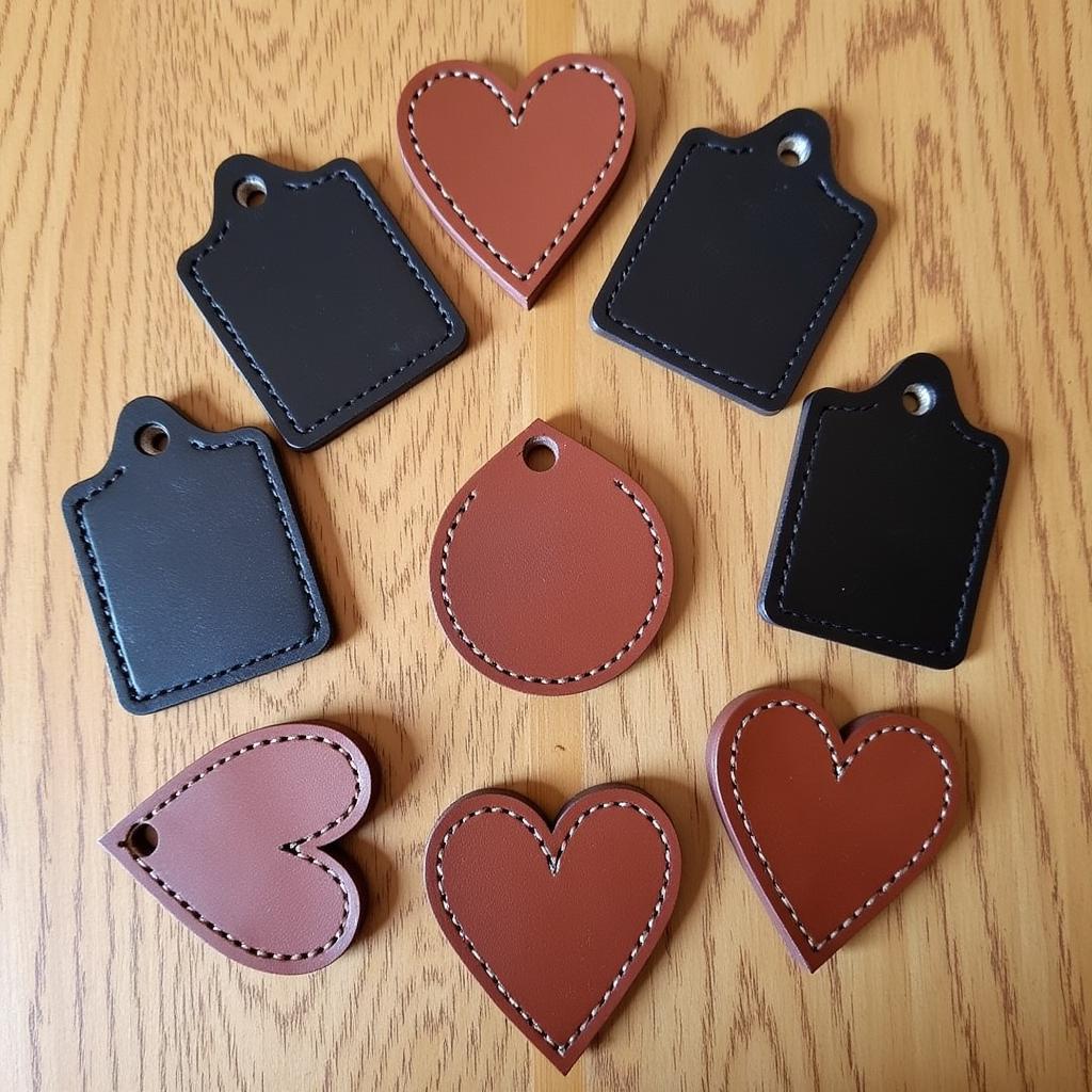 Various leather tags in different shapes and sizes.