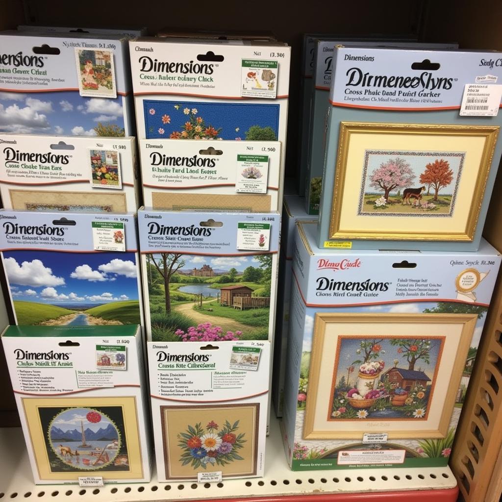 Dimensions cross stitch kits displayed on a shelf