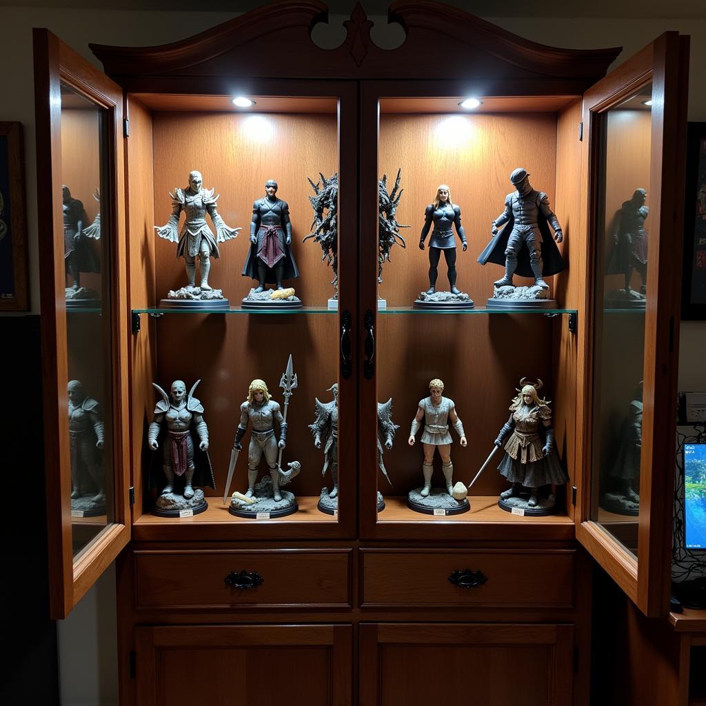 Beautifully lit display cabinet showcasing a collection of Dragon Age statues.